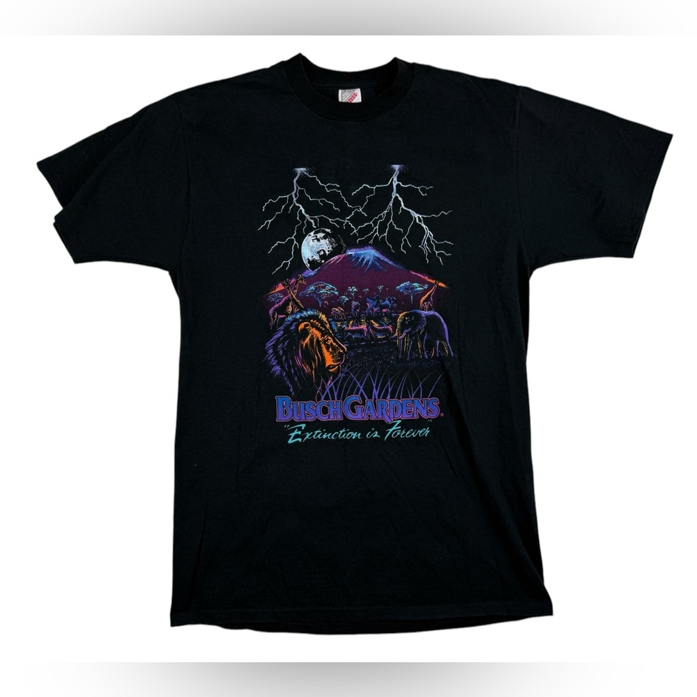 Vtg 90s Busch Gardens Extinction is Forever Lion Moon Lightning Neon Large L